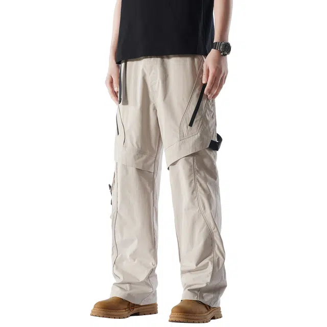 稻草人 纯色高街潮牌不规则拼接设计直筒休闲宽松工装裤 男女同款 卡其