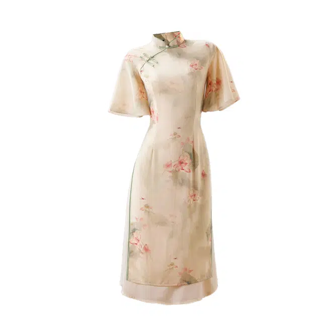 敲模女孩 新中式国风改良旗袍气质温柔风荷花印花收腰修身高级感短袖连衣裙 女款