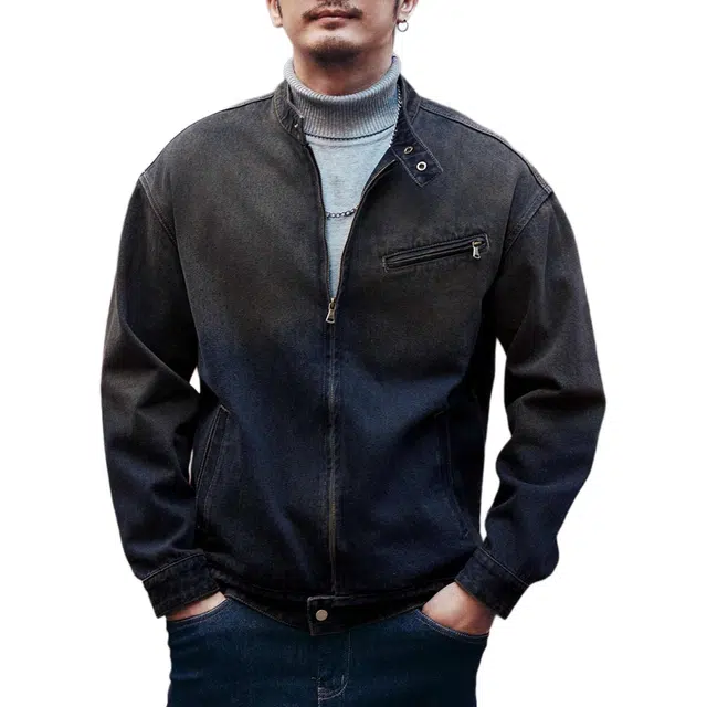 格蓝鹿 美式复古渐变水洗立领休闲牛仔外套 男款 蓝色