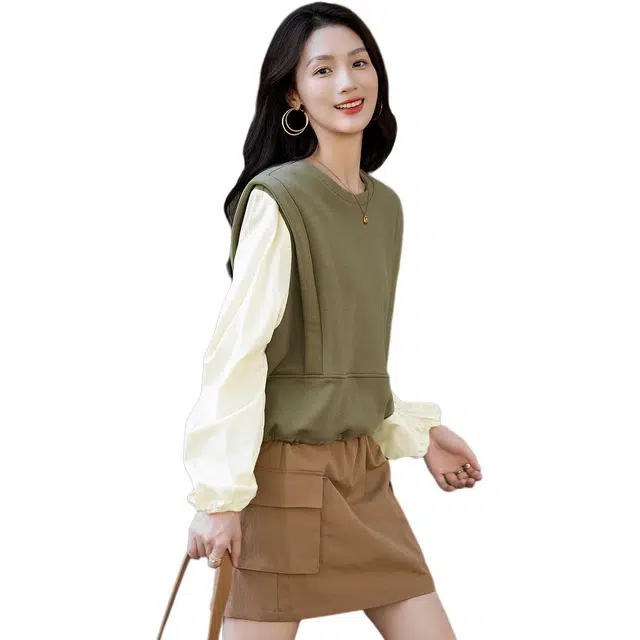 【dme】 简约撞色圆领套头长袖卫衣 女款 茶绿