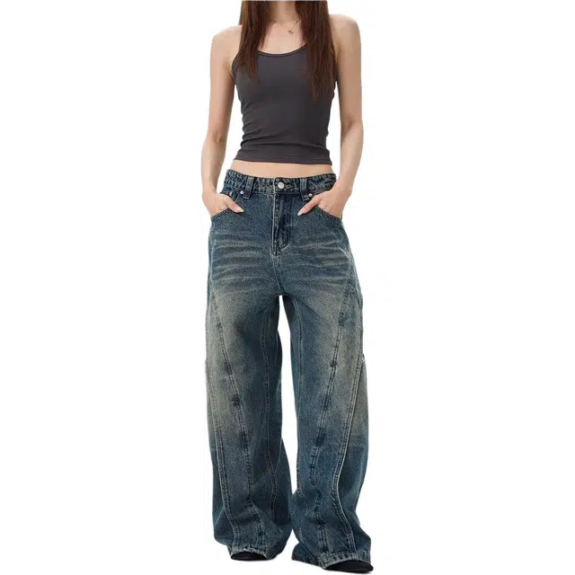 竺妃 美式复古拼接解构阔腿裤小众设计感宽松直筒潮牌长裤牛仔裤 女款