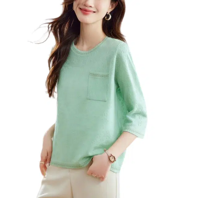 曲韩 七分袖钩花洋气薄款中袖针织衫 女款