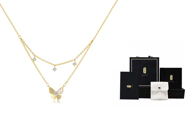 吉珂 良辰美景双层蝴蝶项链女 轻奢锆石闪耀吊坠精致气质锁骨链小众设计感双层链精致百搭项链女 学生通勤百搭