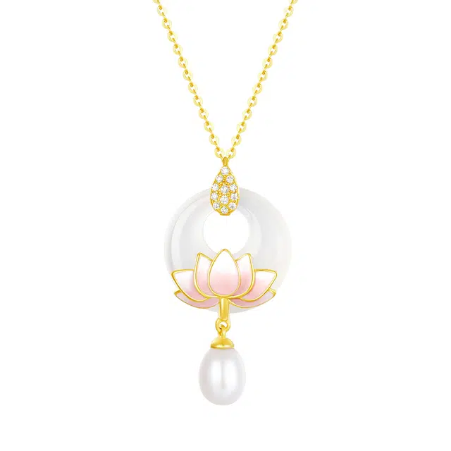 周大生 莲年平安银镶玉珍珠莲花平安扣套链小众新中式设计感珐琅锁骨链家人闺蜜好友恋人送礼生日表白礼 玉髓 项链 女款