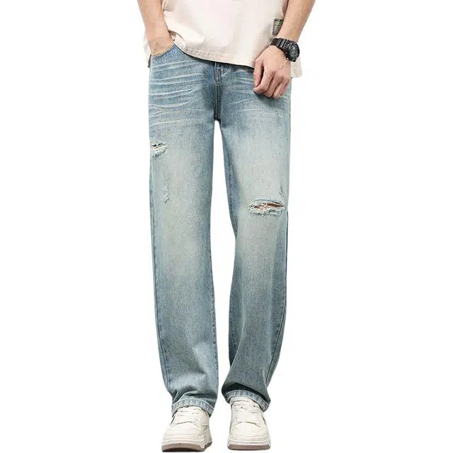 宝米卡 潮流宽松直筒休闲破洞百搭长裤子牛仔裤 男女同款