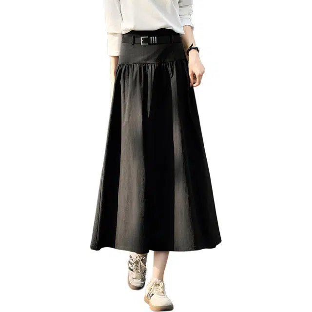 沫晗依美 复古高腰纯色中长款休闲长裙 女款 黑色