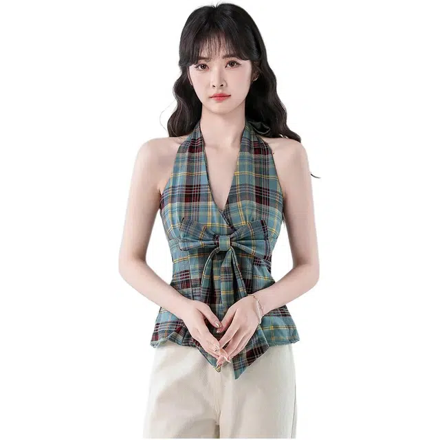 沐晓欣 设计感复古格子美背挂脖夏季蝴蝶结修身无袖外穿甜辣妹上衣背心 女款