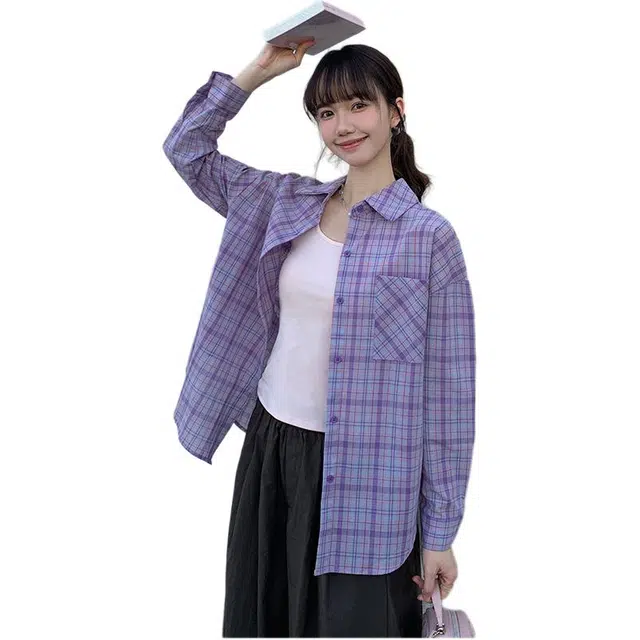 沐晓欣 休闲穿搭防晒紫色格子薄款宽松百搭休闲长袖衬衫 女款