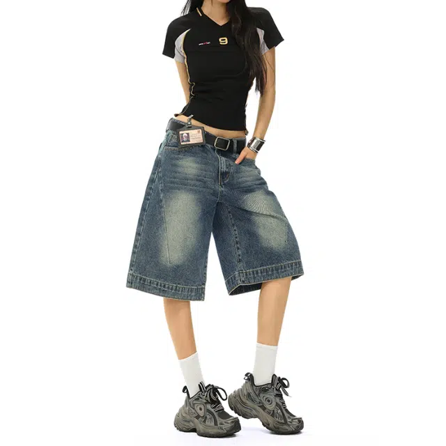 淑好百 复古五分牛仔短裤宽松低腰立裁分割直筒裤时尚百搭宽松舒适显瘦显高百搭款式复古风格简洁大方休闲百搭女裤 女款