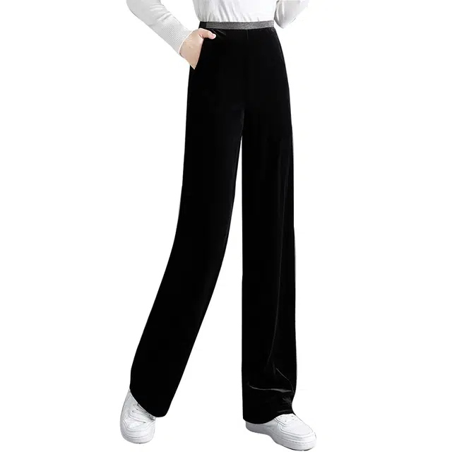 她池 宽松休闲复古直筒丝绒休闲裤 女款 黑色