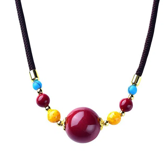 陌阡雪 【平安喜乐】万福珠转运珠 国潮新中式吊坠本命年手工编织锁骨链#好运 朱砂 玉石项链 男女同款情侣款