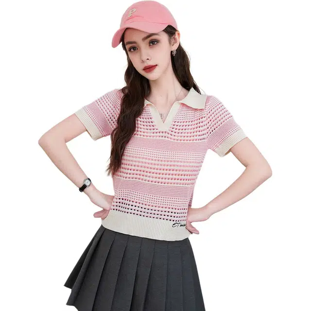 法文箱子 镂空夏季款时尚拼色条纹常规短袖翻领针织衫 女款