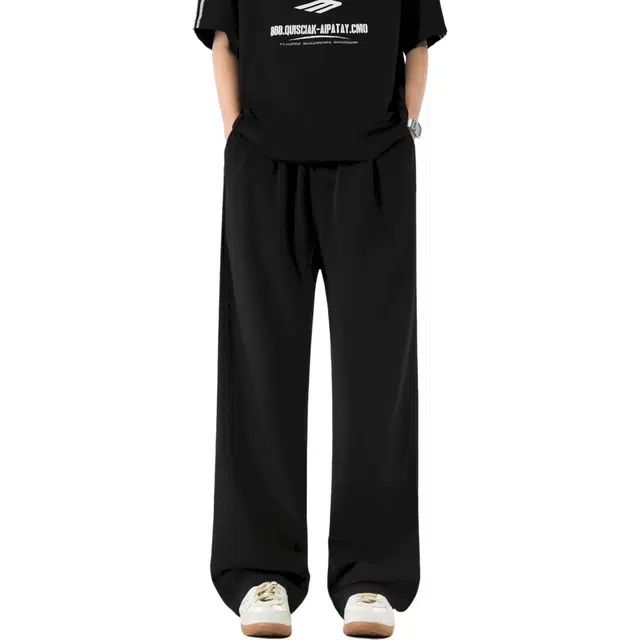 图兰朵 薄款凉感清新垂感美式复古高街潮流痞帅经典基础款纯色简约纽扣拉链设计宽松百搭休闲时尚高级感中腰显高通勤直筒西装裤 男女同款