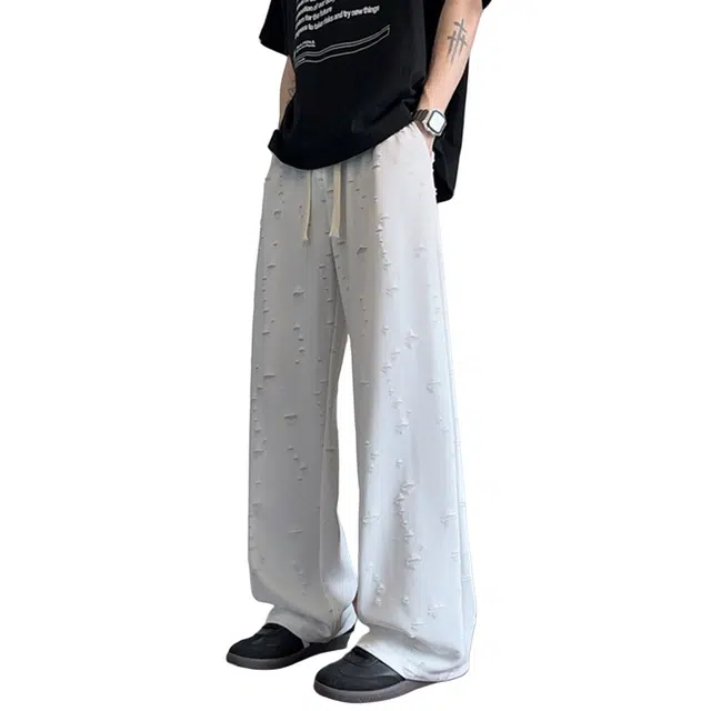 哲源 夏季薄款 美式复古简约时尚纯色刮烂破洞冰丝凉感透气弯刀裤子舒适亲肤百搭宽松无性别主义运动休闲裤 男女同款