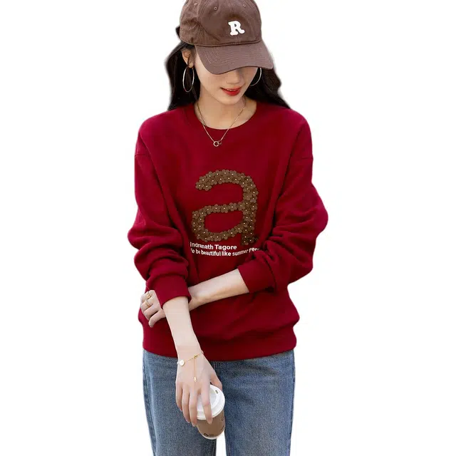 【dme】 圆领套头落肩字母长袖合身卫衣 女款 酒红