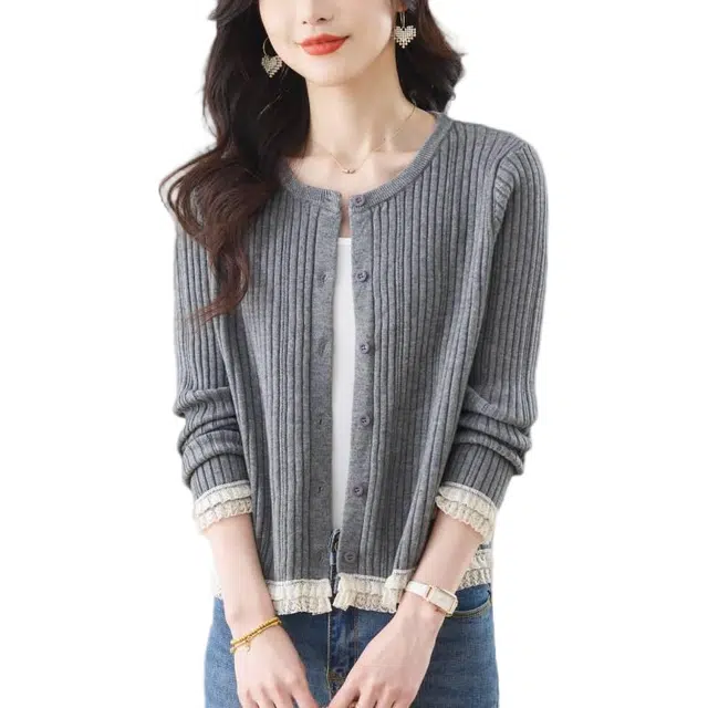 曲韩 高档桑蚕丝圆领蕾丝拼接针织开衫女针织衫 女款