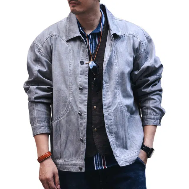 格蓝鹿 美式脏染复古水洗牛仔宽松休闲夹克外套 男款 脏灰