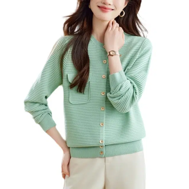 曲韩 气质翻盖假口袋小香风开衫针织衫 女款