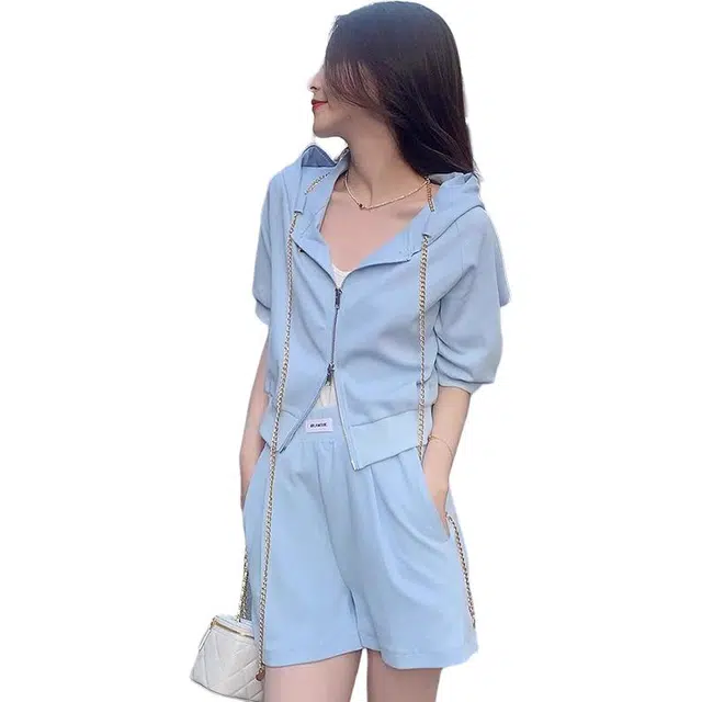 果瑱 韩系小清新清纯甜美户外运动夏显瘦小个子洋气时髦短袖短裤盐系炸街简约时尚独特小众别致大方休闲套装 女款