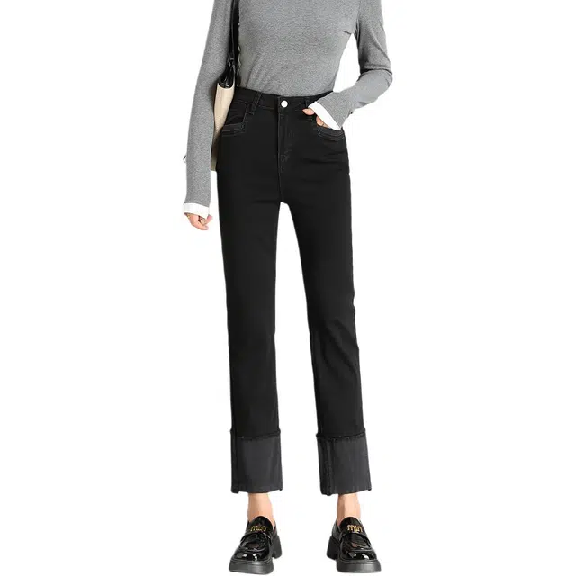 法文箱子 撞色拼接卷边九分纯色直筒高腰牛仔裤 女款