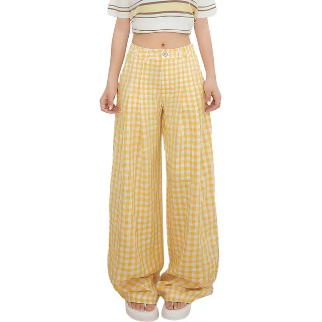 如续 美式复古高腰宽松垂感格子阔腿休闲裤 女款