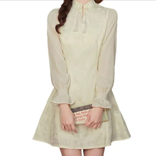 丝絮丝绸 新中式气质复古短款舒适长袖连衣裙 女款