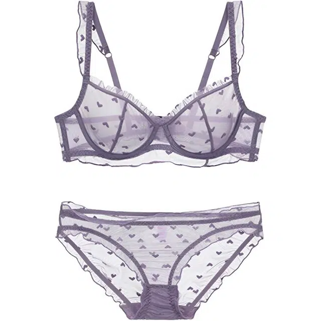 潞优野 刺绣爱心图案蕾丝文胸网纱透视超薄款大胸显小法式内衣裤套装 女款