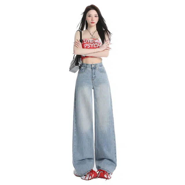 玫丝朵 美式复古直筒高腰宽松牛仔裤 女款