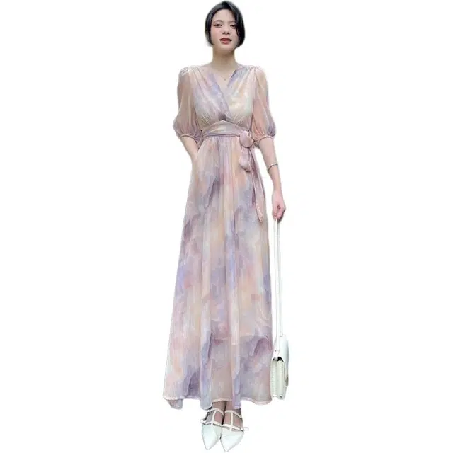 哒头下雨不愁 法式气质印花收腰显瘦时尚长款五分短袖连衣裙 女款