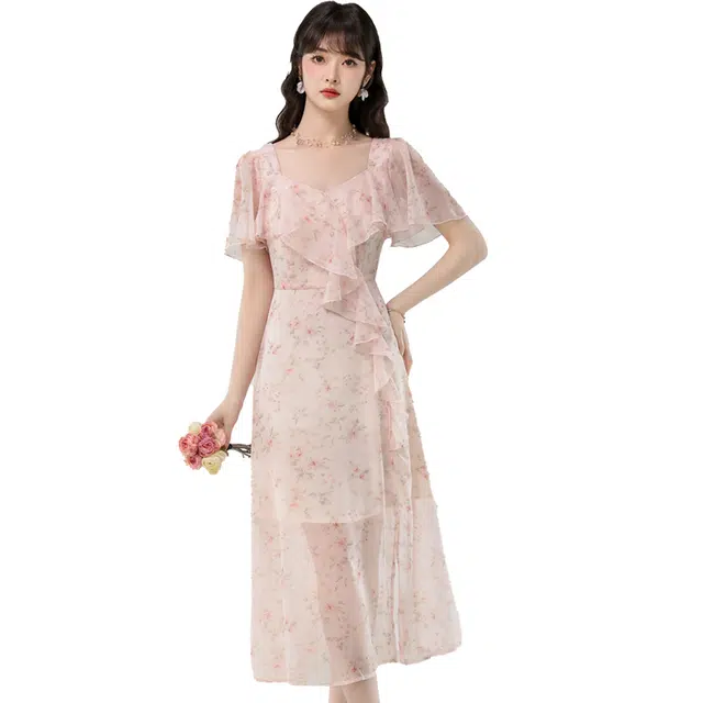 丝絮丝绸 法式碎花日常甜美气质仙女初恋短袖连衣裙 女款