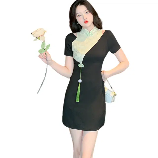 丝絮丝绸 改良旗袍夏季小个子年轻款设计感拼色中国风短袖连衣裙 女款