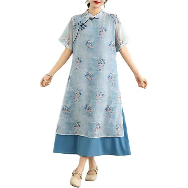 丝絮丝绸 新中式国风夏季文艺复古典雅气质旗袍短袖连衣裙 女款