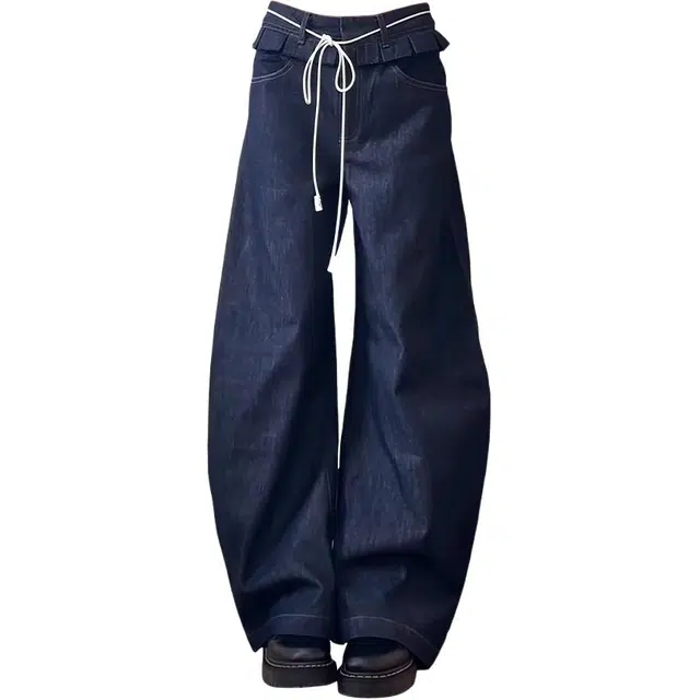 小卷要加油 美式辣妹弯刀水洗女早春秋季木耳边双腰头宽松垂感阔腿裤潮牛仔裤 女款