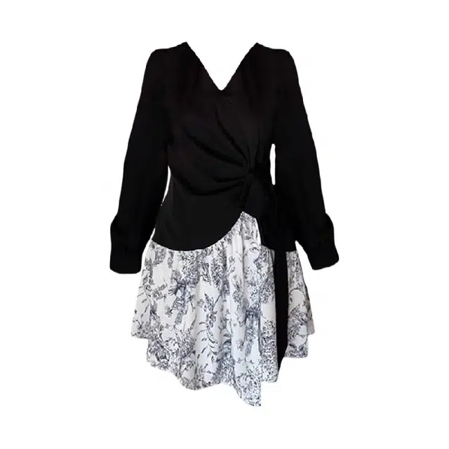 思蓓儿 水墨花设计感收腰长袖连衣裙 女款