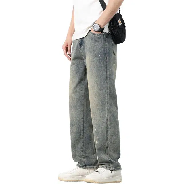 隐狼世家 美式怀旧复古泼墨做旧潮牌宽松直筒长裤子牛仔裤 男款
