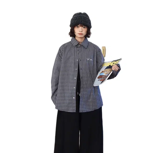 一碗士多 复古格子毛须边宽松慵懒感休闲衬衣长袖衬衫 男女同款