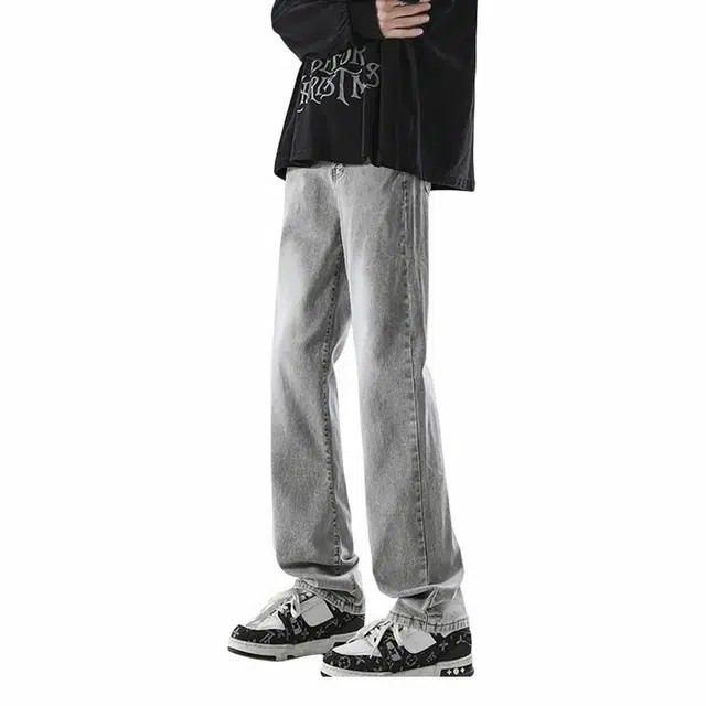 八哥 修身直筒复古牛仔裤 男女同款 烟灰色