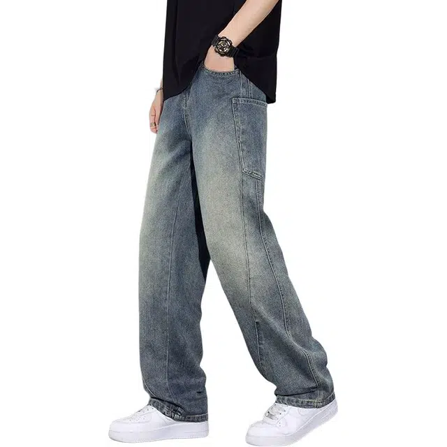 宝米卡 韩版直筒裤宽松长裤子垂感洗水弯刀牛仔裤 男女同款