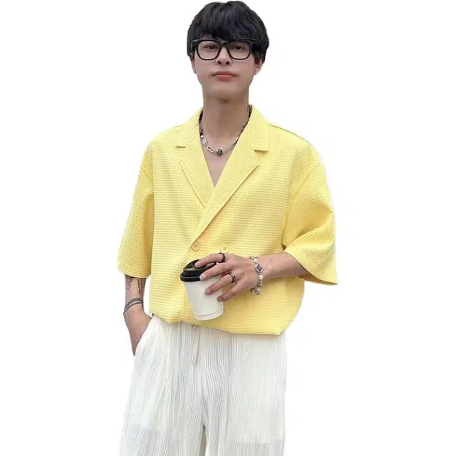 袋鼠 轻奢高级感华夫格纹理禁欲系高街美式潮酷痞帅解构极简宽松设计街头通勤休闲百搭时尚短袖衬衫 男女同款