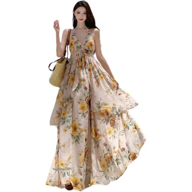 黛尔佳人 海边度假风夏季露背印花挂脖长裙子吊带连衣裙 女款