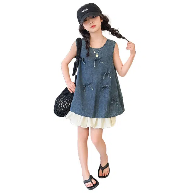 浪莎连衣裙 洋气休闲无袖 复古蓝 儿童款