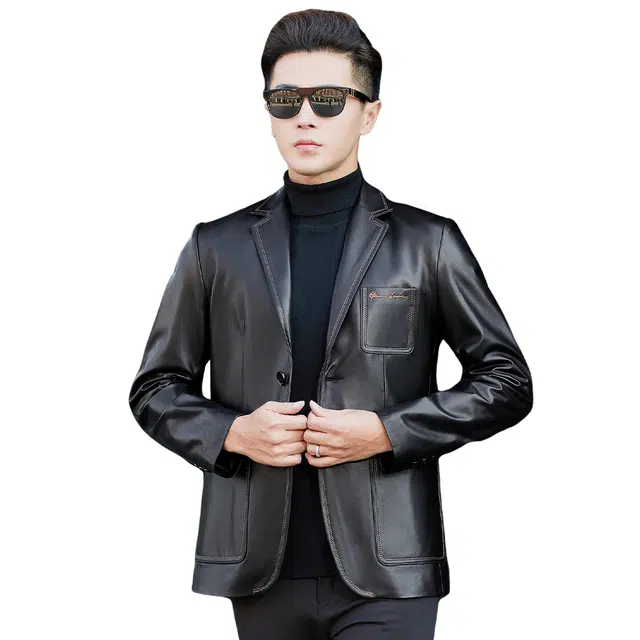 富铤 西装领刺绣口袋设计休闲时尚皮衣 男款 黑色