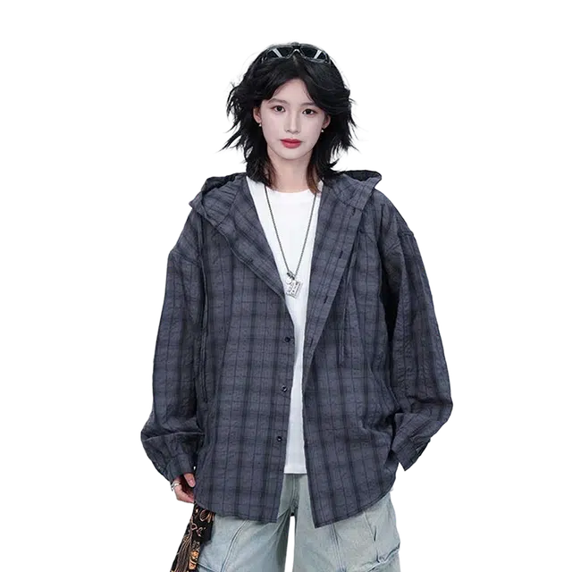 臣目 泡泡纱连帽格子衬衫男长袖夏季轻薄款防晒衬衣宽松休闲慵懒风外套上衣 男女同款