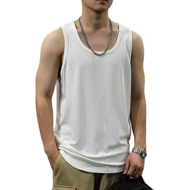 前进牛 凉感显肌肉运动健身宽松弹力训练坎肩美式条杠纹速干无袖背心 男女同款