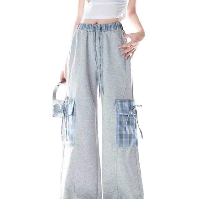 费尔岛上的猫 美式高街直筒宽松女春夏格子宽松设计感运动裤休闲裤 女款