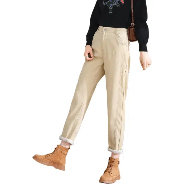 惟熙 加绒加厚纯色舒适通勤百搭牛仔裤 女款 杏色