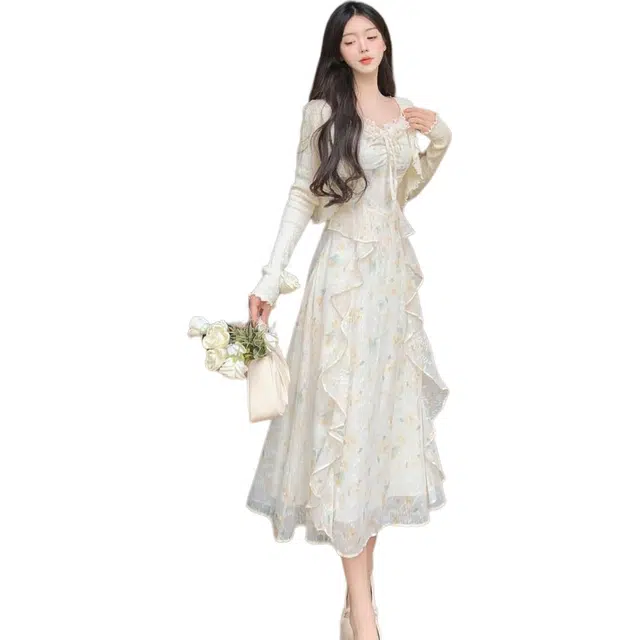 哒头下雨不愁 温柔风荷叶边雪纺碎花吊带连衣裙薄款开衫裙装套装 女款