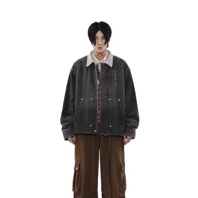 费尔岛上的猫 美式复古春秋季宽松做旧拉链牛仔外套 男女同款