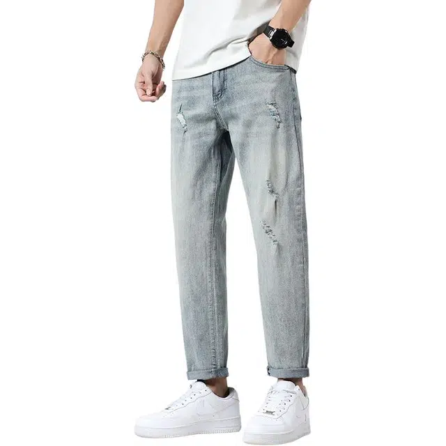 宝米卡 夏季美式高街水洗直筒破洞九分裤子牛仔裤 男女同款