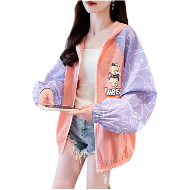 沐晓欣 拼色连帽薄款宽松截短外套 女款